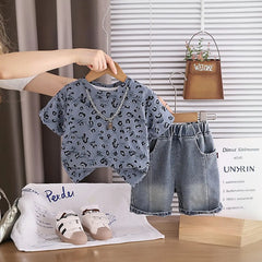 Boys Blue Leopard Distressed Print T-Shirt With Denim Shorts Sets