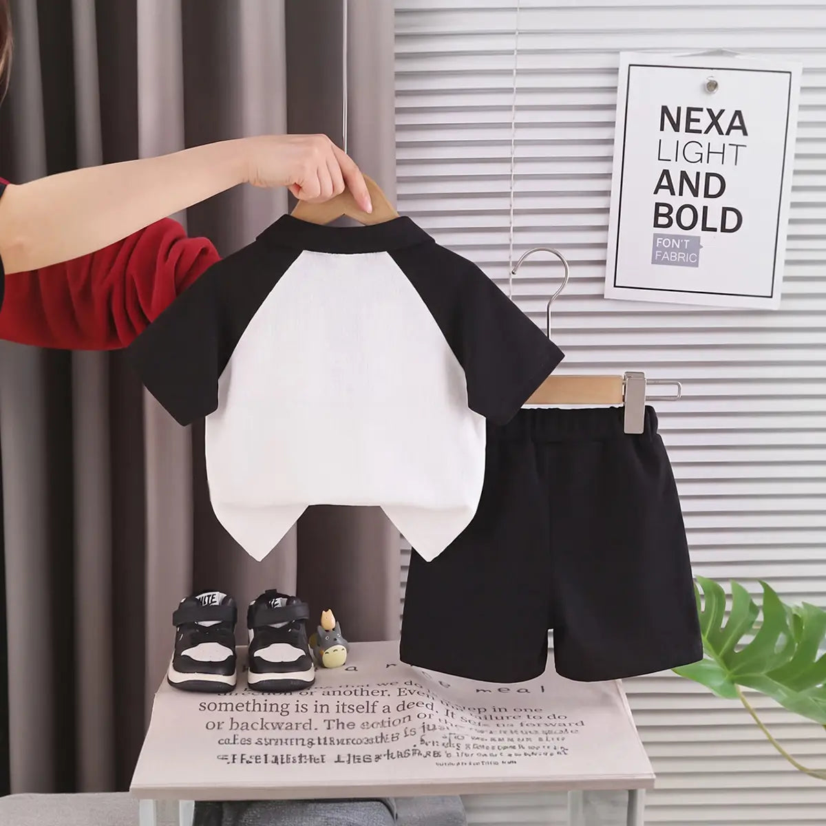 Boys Black Typographic Printed Raglan Sleeve Polo T-Shirt With Shorts Sets