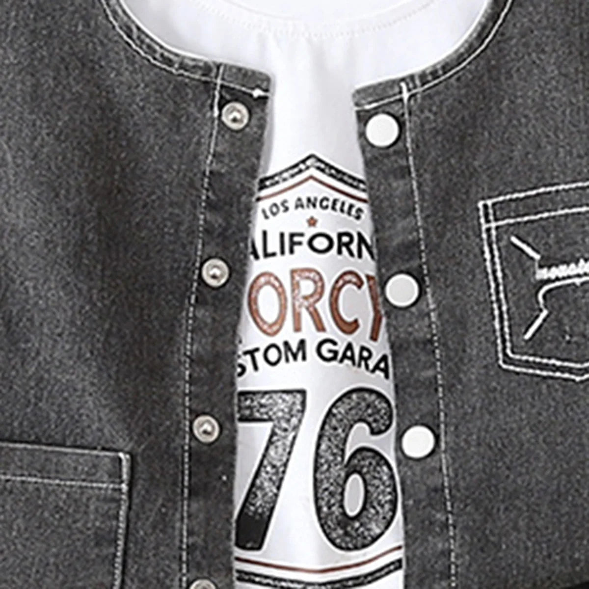 Boys Black Denim Sleeveless Vest & Shorts With Printed T-Shirt Sets