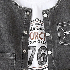 Boys Black Denim Sleeveless Vest & Shorts With Printed T-Shirt Sets