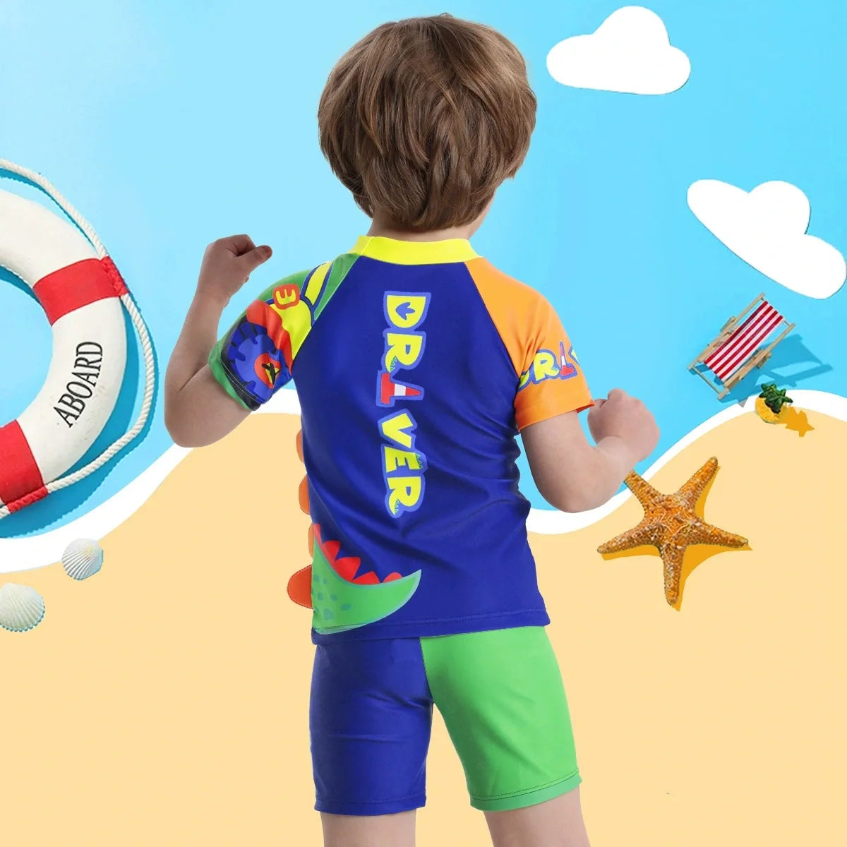 Boys Blue Dinosaur Printed T-Shirt With Shorts & Cap Swimwear Sets