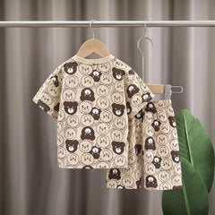 Boys Beige Short Sleeve Bear Print T-Shirt With Shorts Sets