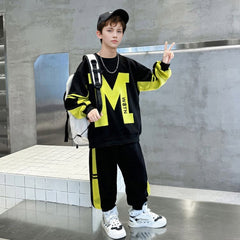 Boys Black Typographic Printed Winter Sweatshirt With Pants Sets