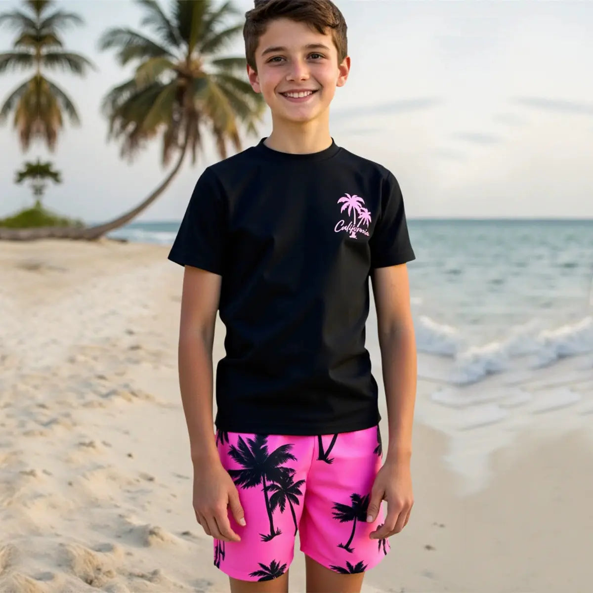 Boys Black Tropical Printed Short Sleeves T-Shirt & Shorts Swimsuit Sets