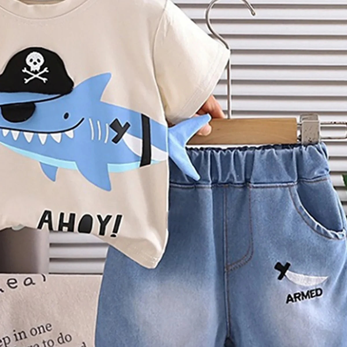 Boys Beige Shark Pirate Graphic Short Sleeve T-Shirt With Denim Shorts Sets