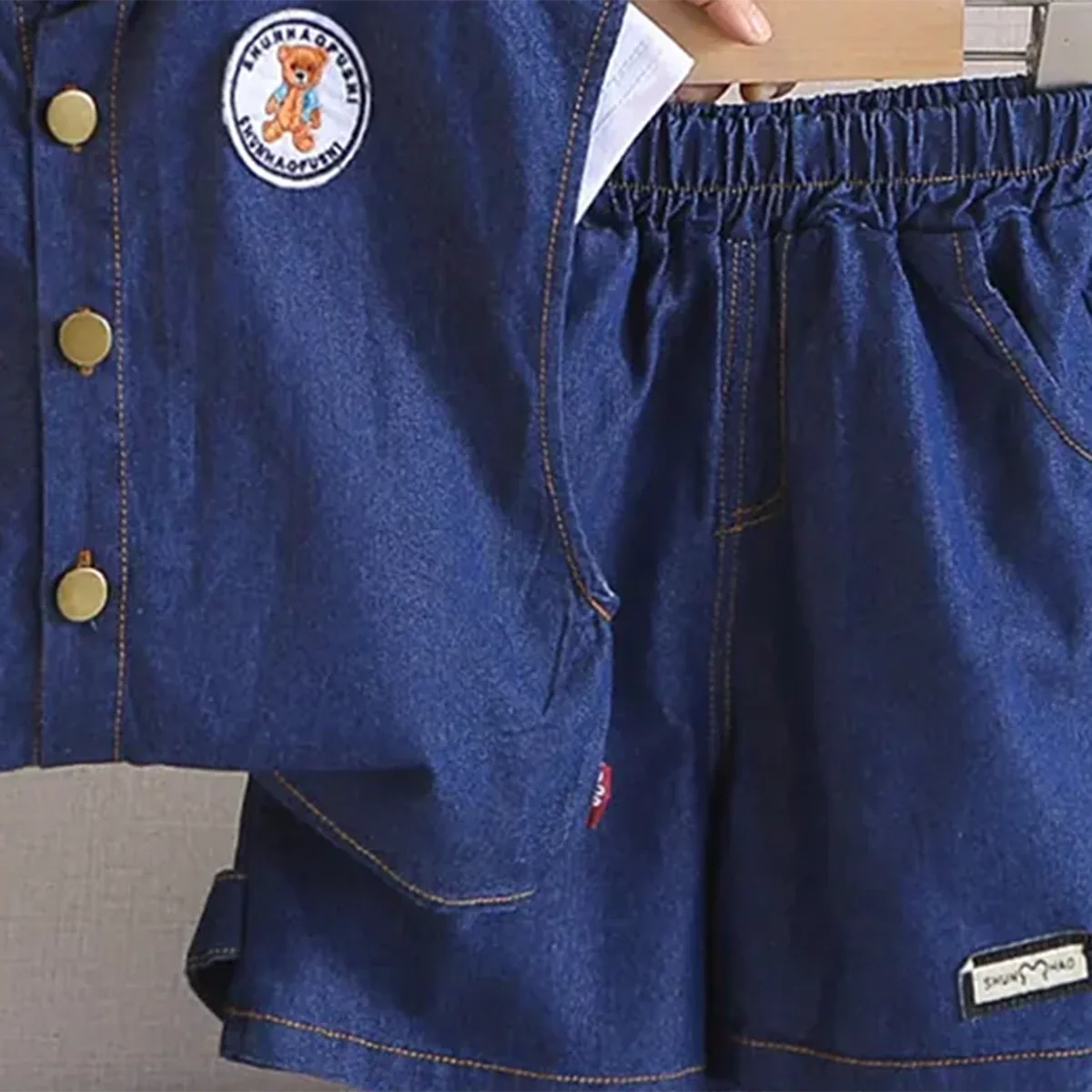 Boys Blue Denim Sleeveless Jacket With Printed T-Shirt & Shorts Sets