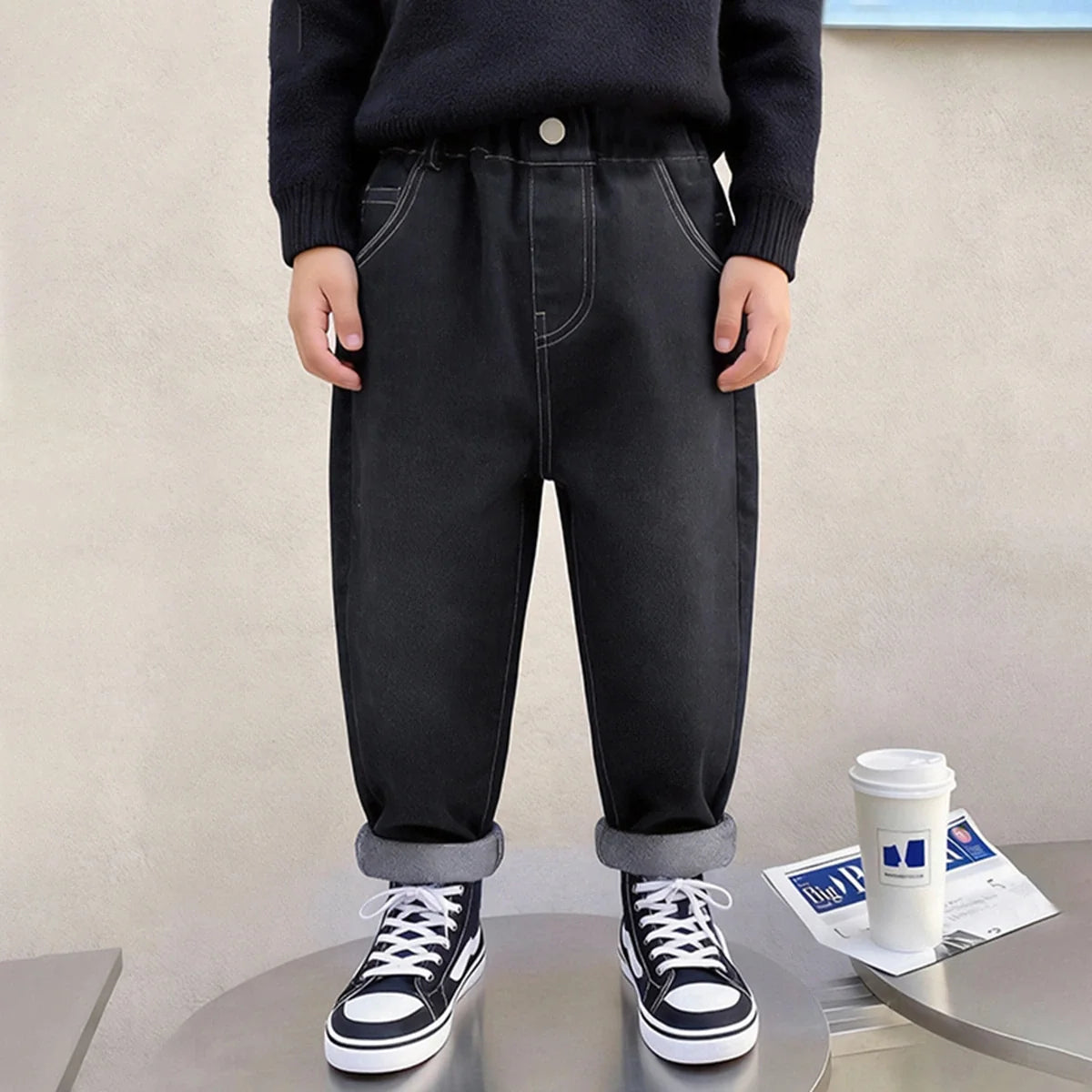 Boys Black Denim Pants with Back Wave Graphic