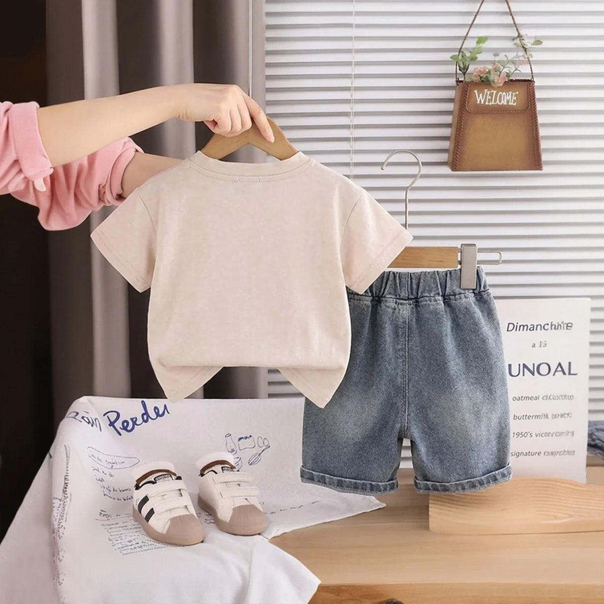 Boys Beige Graphic Printed Short Sleeve T-Shirt With Distressed Denim Shorts Sets