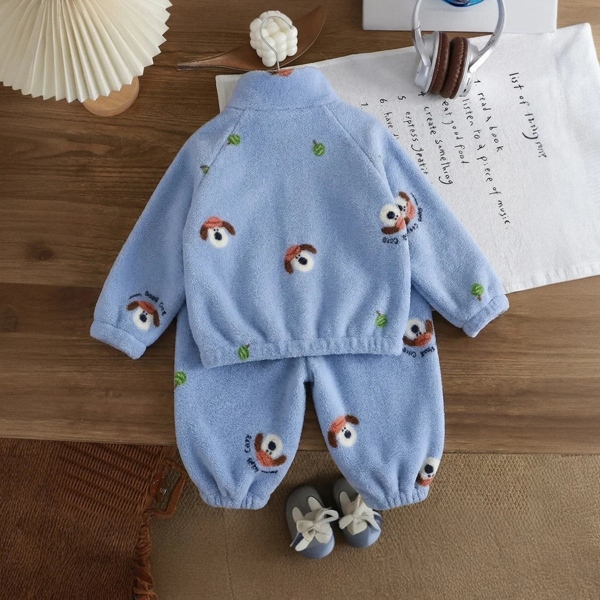 Boys Blue Fleece Puppy Cartoon Printed Zip-up Jacket With Jogger Co-ord Sets