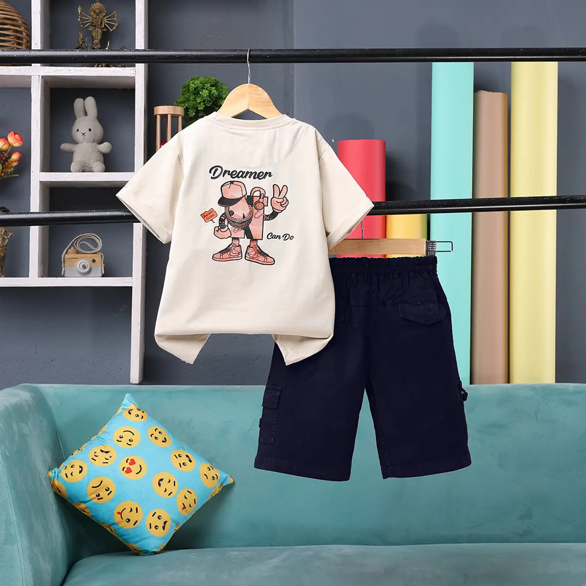 Boys Beige Graphic Short Sleeve T-Shirt With Elasticated Cargo Shorts Sets