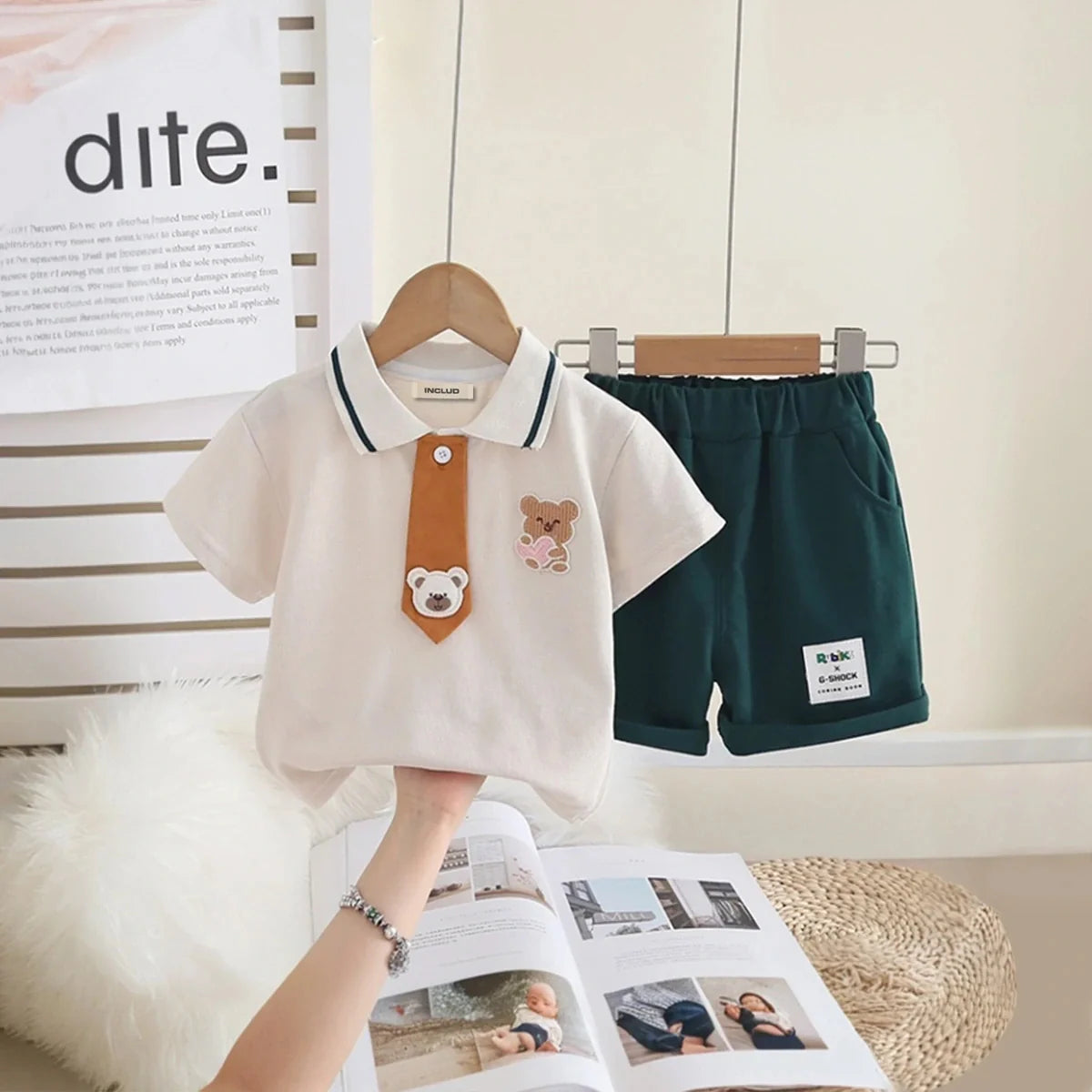 Boys Bear Patch Embroidered Polo T-Shirt With Necktie & Dark Green Shorts Set
