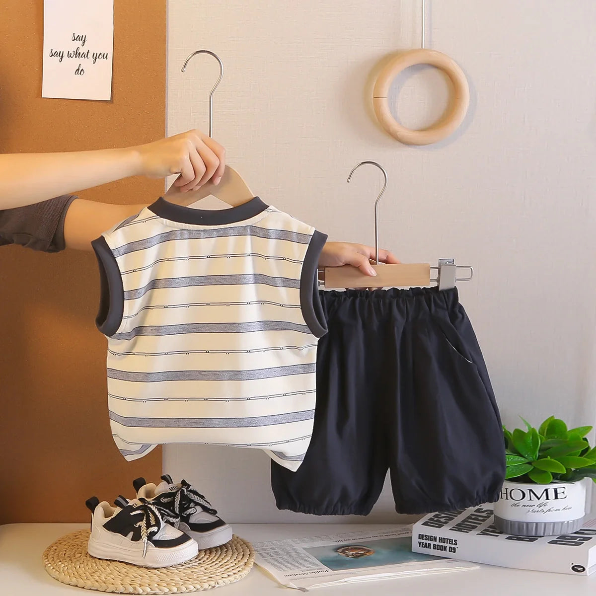 Boys Beige Animal Striped Sleeveless T-Shirt With Elasticated Shorts Sets