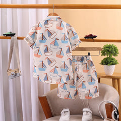 Boys Blue Boat Graphics Short Sleeve Shirt With Elasticated Shorts Sets