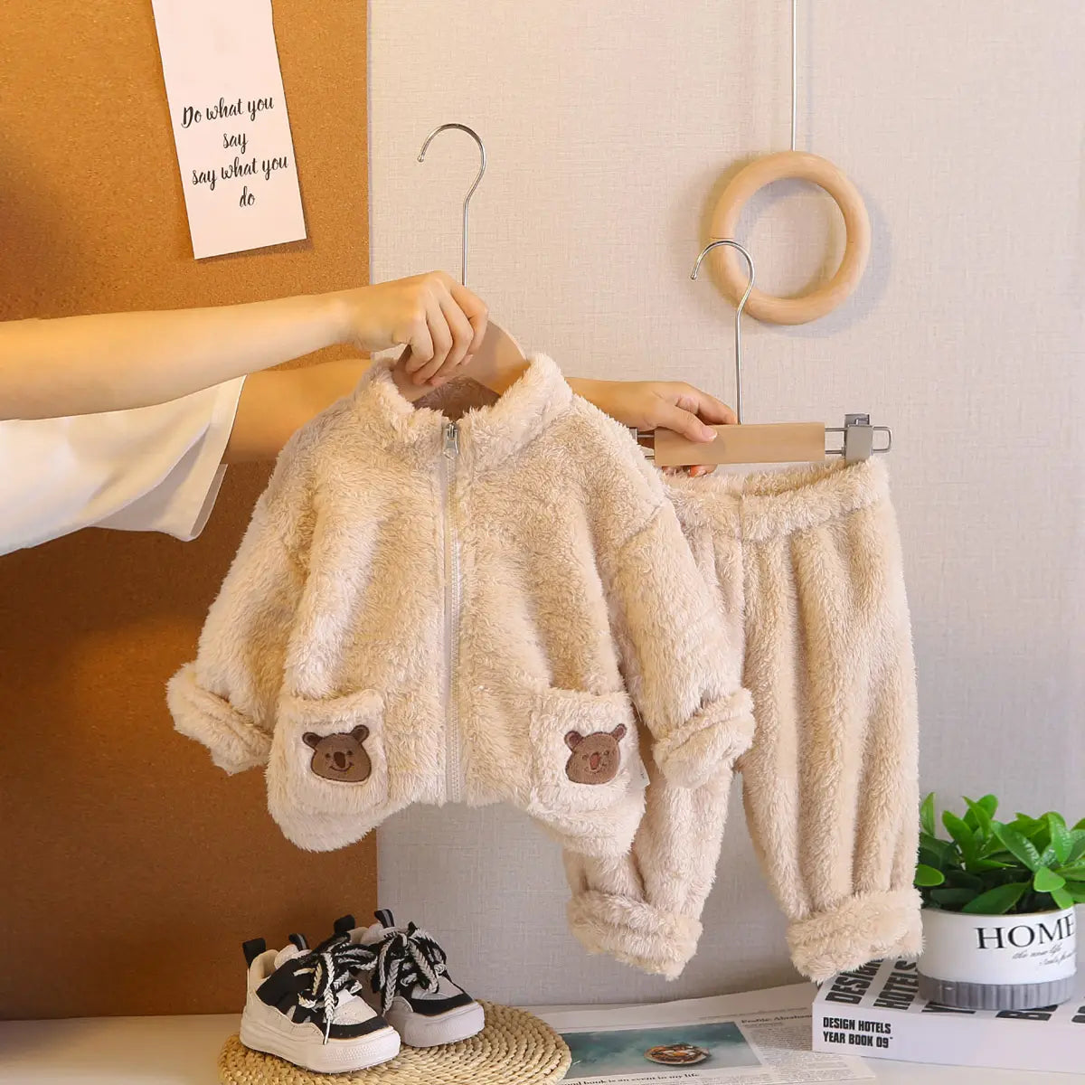 Boys Beige Fleece Zip-up Jacket With Jogger Co-ord Sets