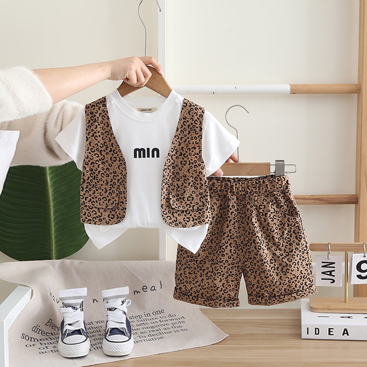 Boys Attached Waistcoat T-Shirt With Brown Animal Printed Shorts Set