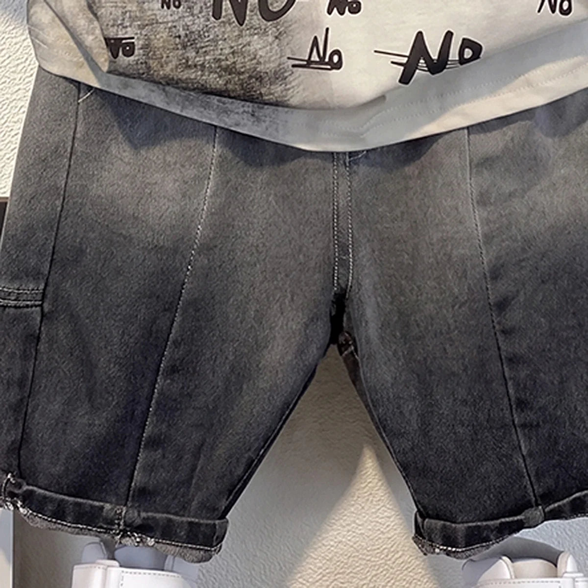 Boys Beige Short Sleeve Typography Print T-Shirt With Denim Shorts Sets
