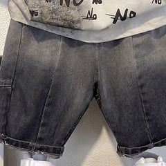 Boys Beige Short Sleeve Typography Print T-Shirt With Denim Shorts Sets