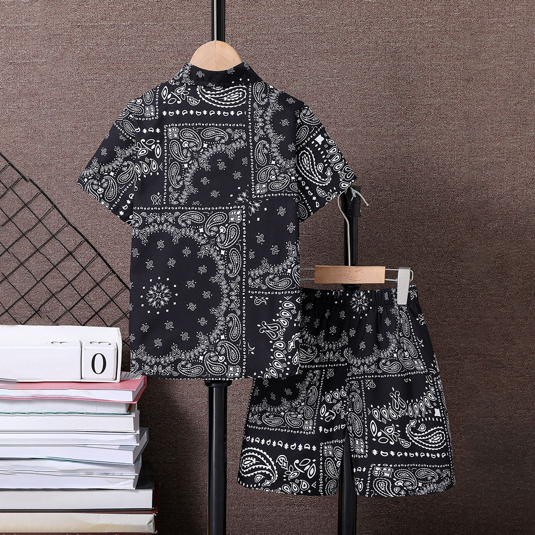 Boys Black Paisley Print Short Sleeve Shirt With Shorts Set