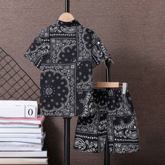 Boys Black Paisley Print Short Sleeve Shirt With Shorts Set