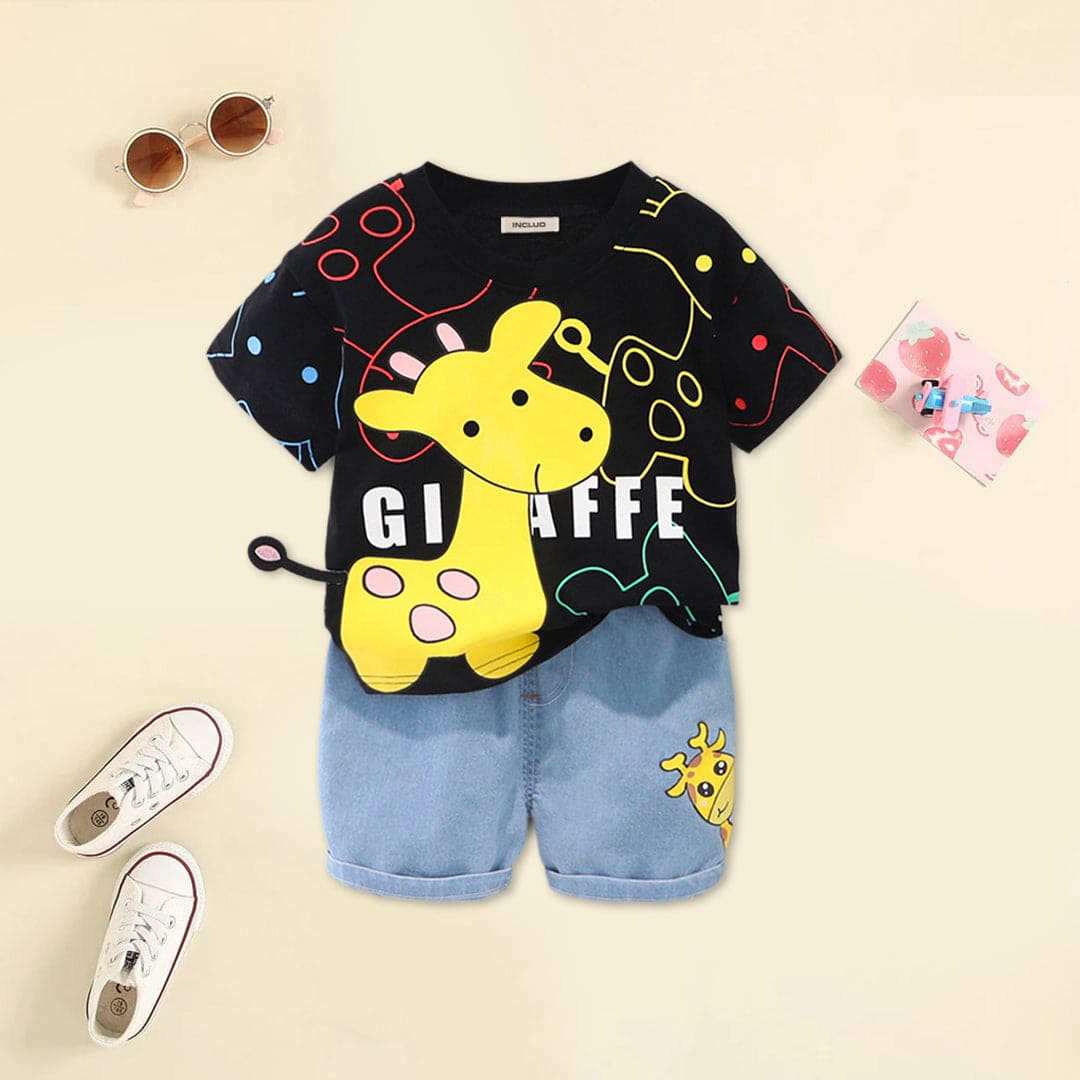 Boys Black Giraffe Graphic T-Shirt With Denim Shorts