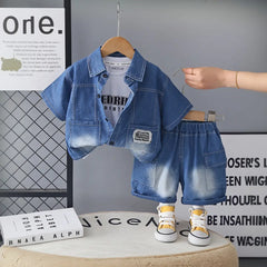 Boys Blue Denim Shirt & Shorts With Printed T-Shirt Sets
