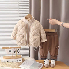 Boys Beige Long Sleeve Fleece Jacket With Quilted Vest & Jogger Sets