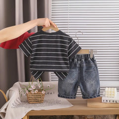Boys Black Striped Bear Graphic T-Shirt With Denim Shorts Sets