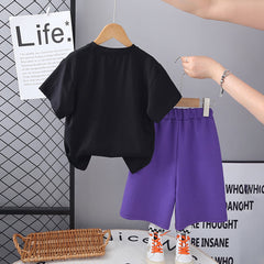 Boys Black Typographic Printed Short Sleeves T-Shirt With Purple Shorts Set