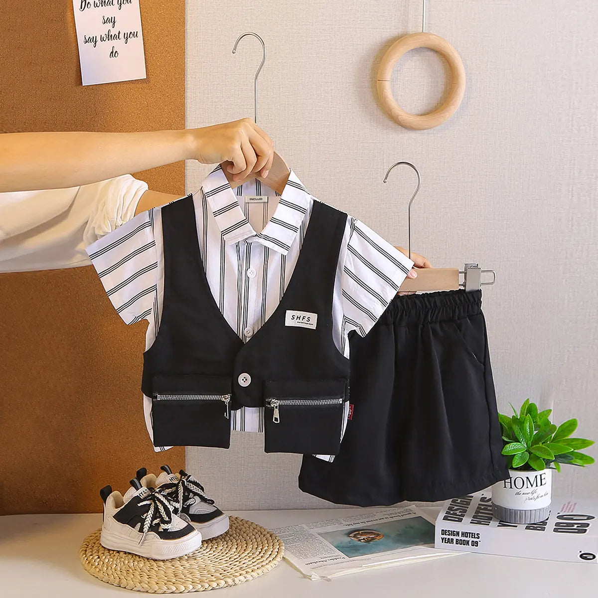Boys Black Stripes Attached Front Waistcoat Shirt With Shorts Sets