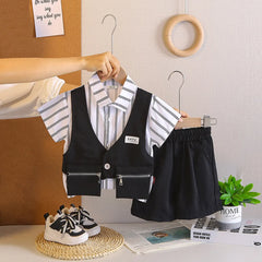 Boys Black Stripes Attached Front Waistcoat Shirt With Shorts Sets