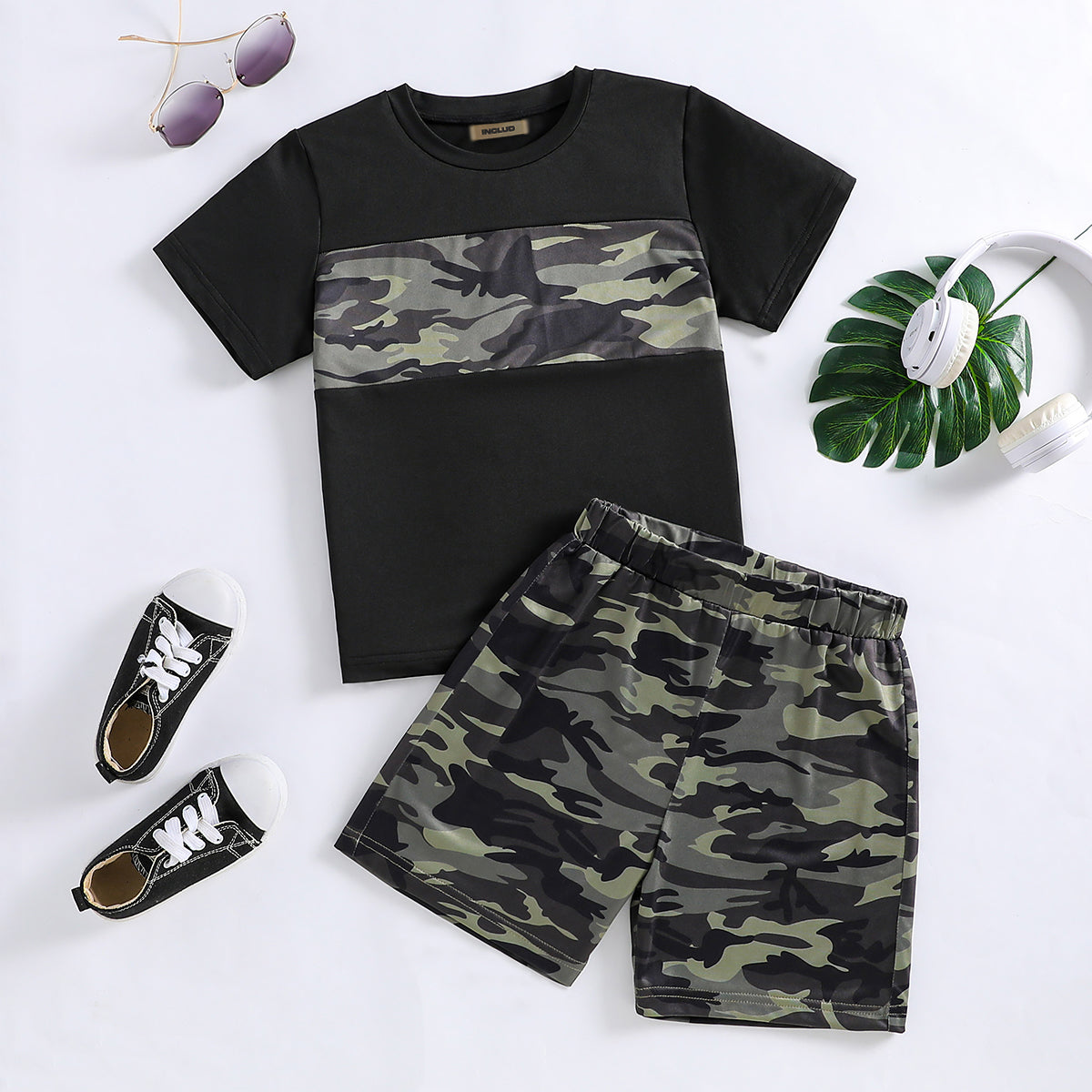 Boys Black Short Sleeve Camouflage Printed T-Shirt With Shorts Set