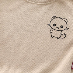Boys Beige Cat Cartoon Printed Sweatshirt With Jogger Sets