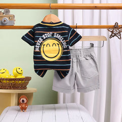 Boys Black Stripes Applique T-Shirt With Elasticated Shorts Sets