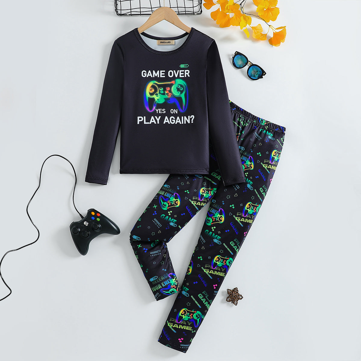 Boys Black Gaming Printed Glow in the Dark T-Shirt & Pajama Winter Set