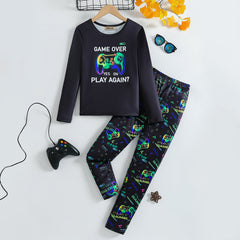 Boys Black Gaming Printed Glow in the Dark T-Shirt & Pajama Winter Set