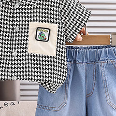 Boys Black Checked Short Sleeve Shirt With Denim Shorts Sets