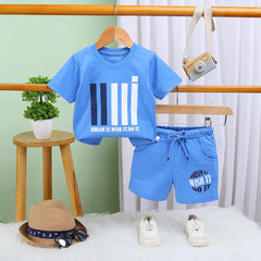 Boys Blue Graphic Short Sleeves T-Shirt With Drawstring Shorts Sets
