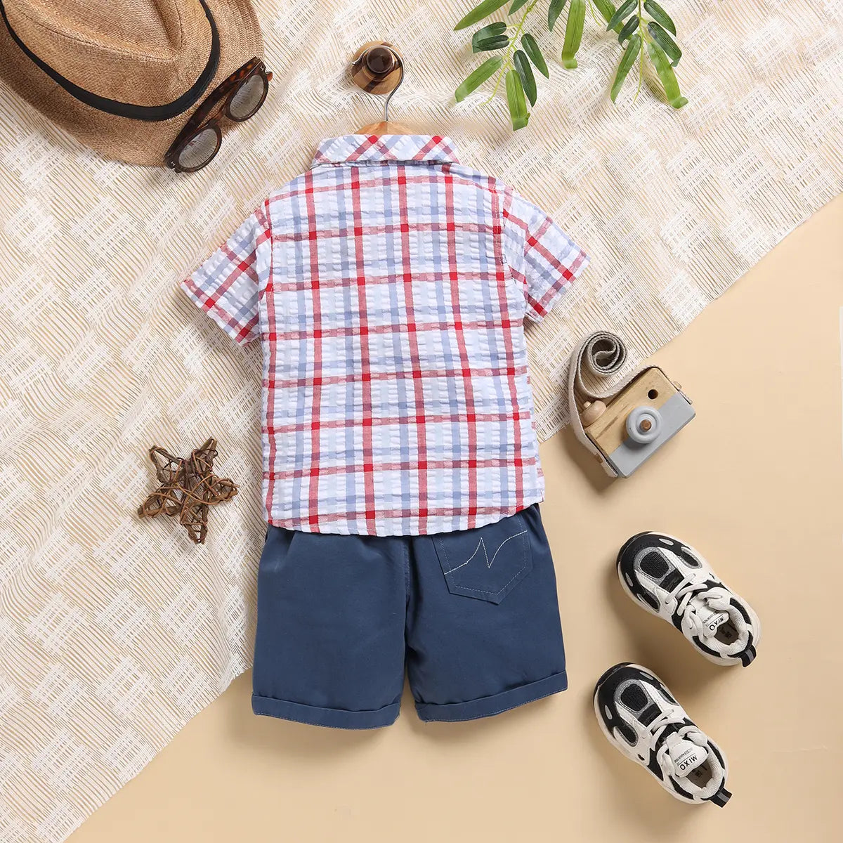 Boys Blue Checked Applique Shirt With Elasticated Shorts Sets