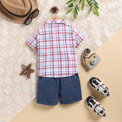 Boys Blue Checked Applique Shirt With Elasticated Shorts Sets