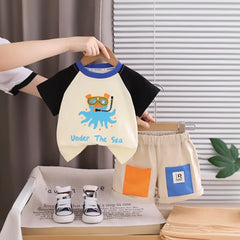 Boys Black Octopus Graphic Raglan Sleeve T-Shirt With Elasticated Shorts Sets