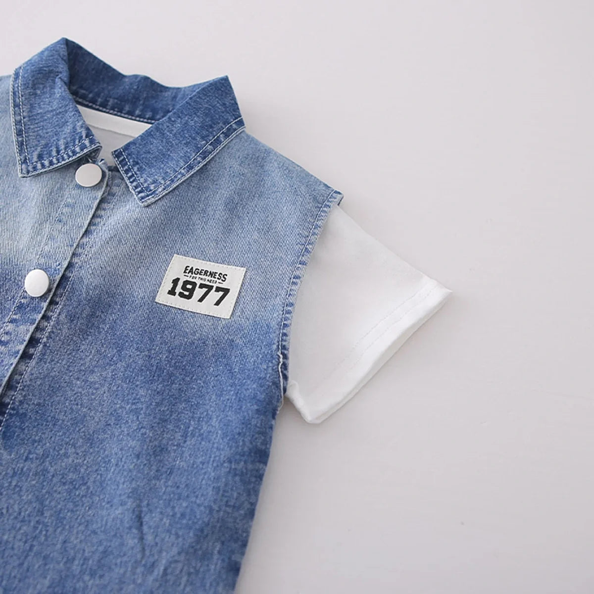 Boys Blue Denim Vest & Shorts With Printed T-Shirt Sets