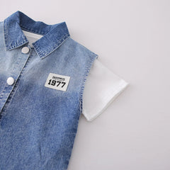 Boys Blue Denim Vest & Shorts With Printed T-Shirt Sets