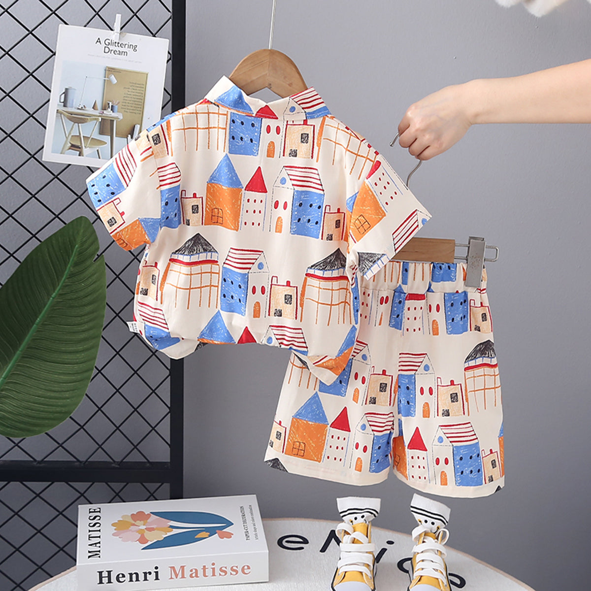 Boys Apricot Printed Short Sleeve Shirt With Shorts Set