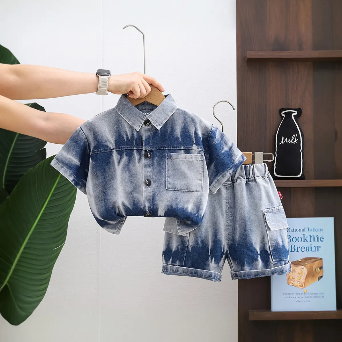 Boys Blue Denim Tie-Dye Printed Shirt & Short Co-ord Sets