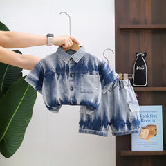 Boys Blue Denim Tie-Dye Printed Shirt & Short Co-ord Sets
