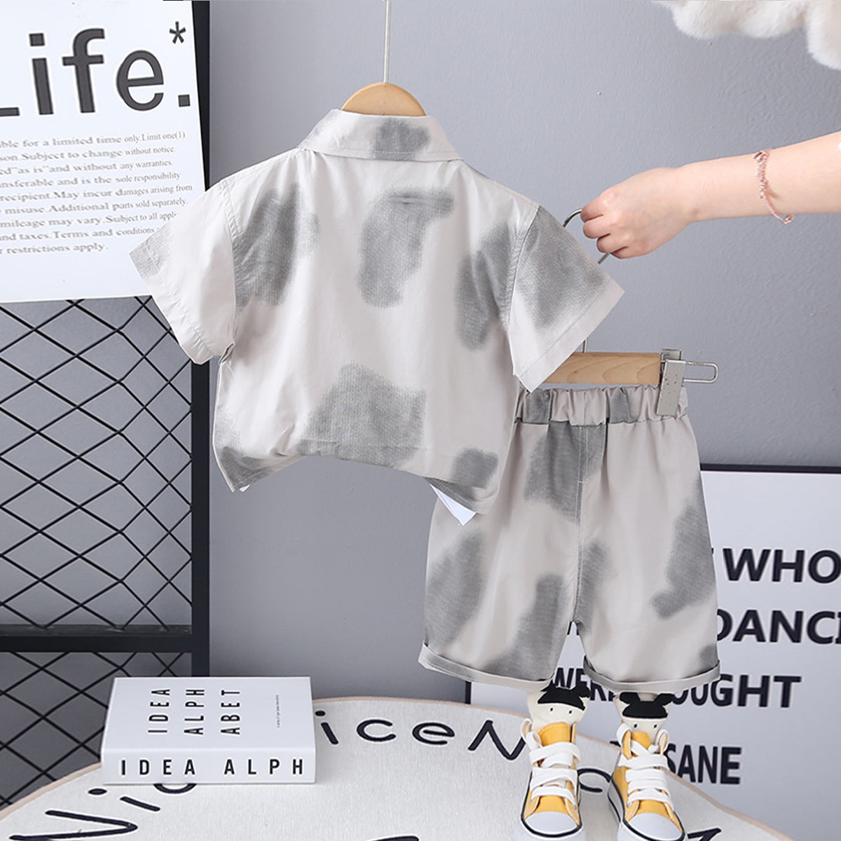 Boys Beige Printed Short Sleeves Shirt With T-Shirt And Shorts Set