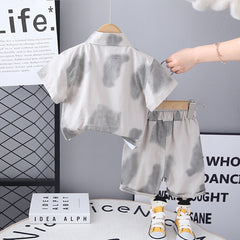Boys Beige Printed Short Sleeves Shirt With T-Shirt And Shorts Set