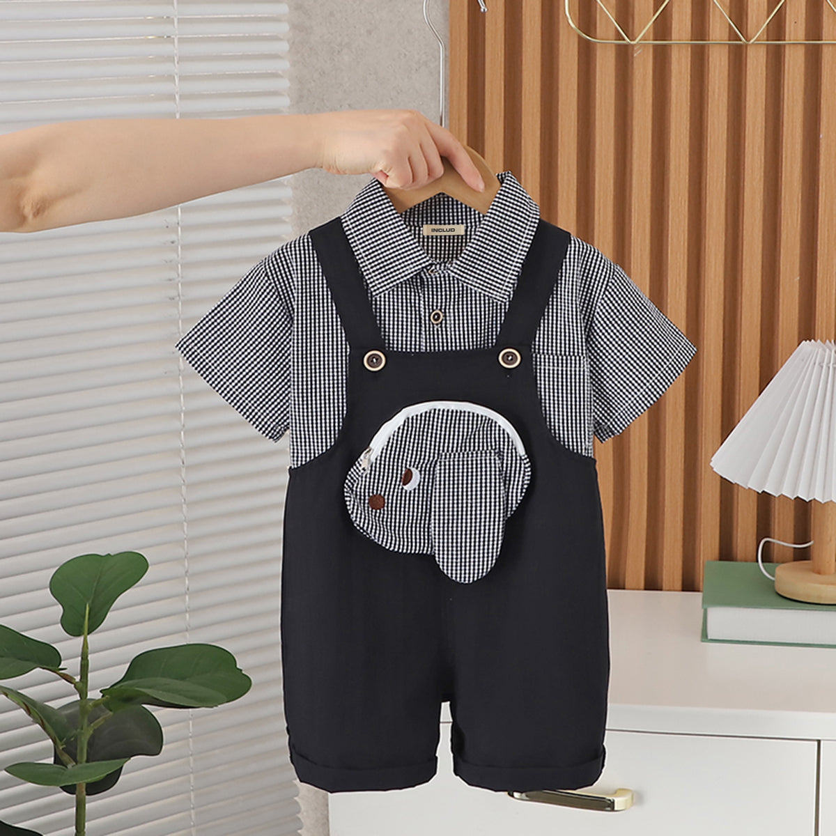 Boys Black Gingham Check Shirt With Embroidery Applique Dungaree Set