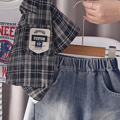 Boys Black Checked Shirt With Graphic T-Shirt & Denim Shorts Set