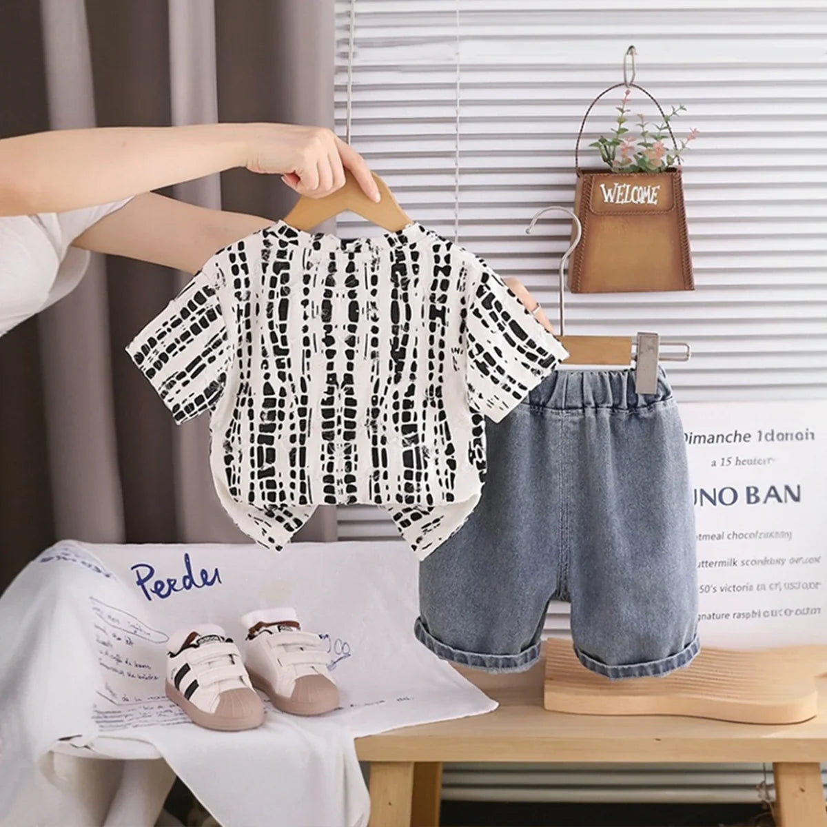 Boys Beige Abstract Printed Short Sleeve T-Shirt With Denim Shorts Sets